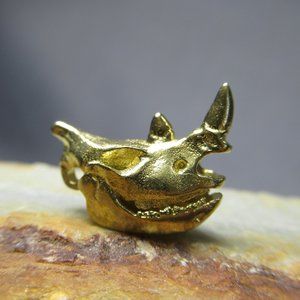 Rhinoceros Skull Charm, Artisan Cast Golden Brass